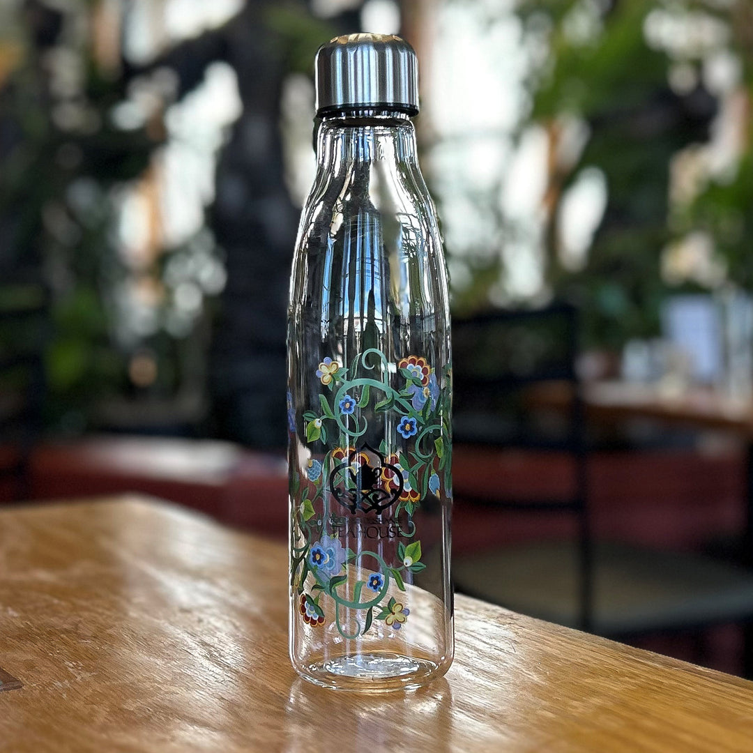 Floral Logo Glass Water Bottle  The Boulder Tea Company