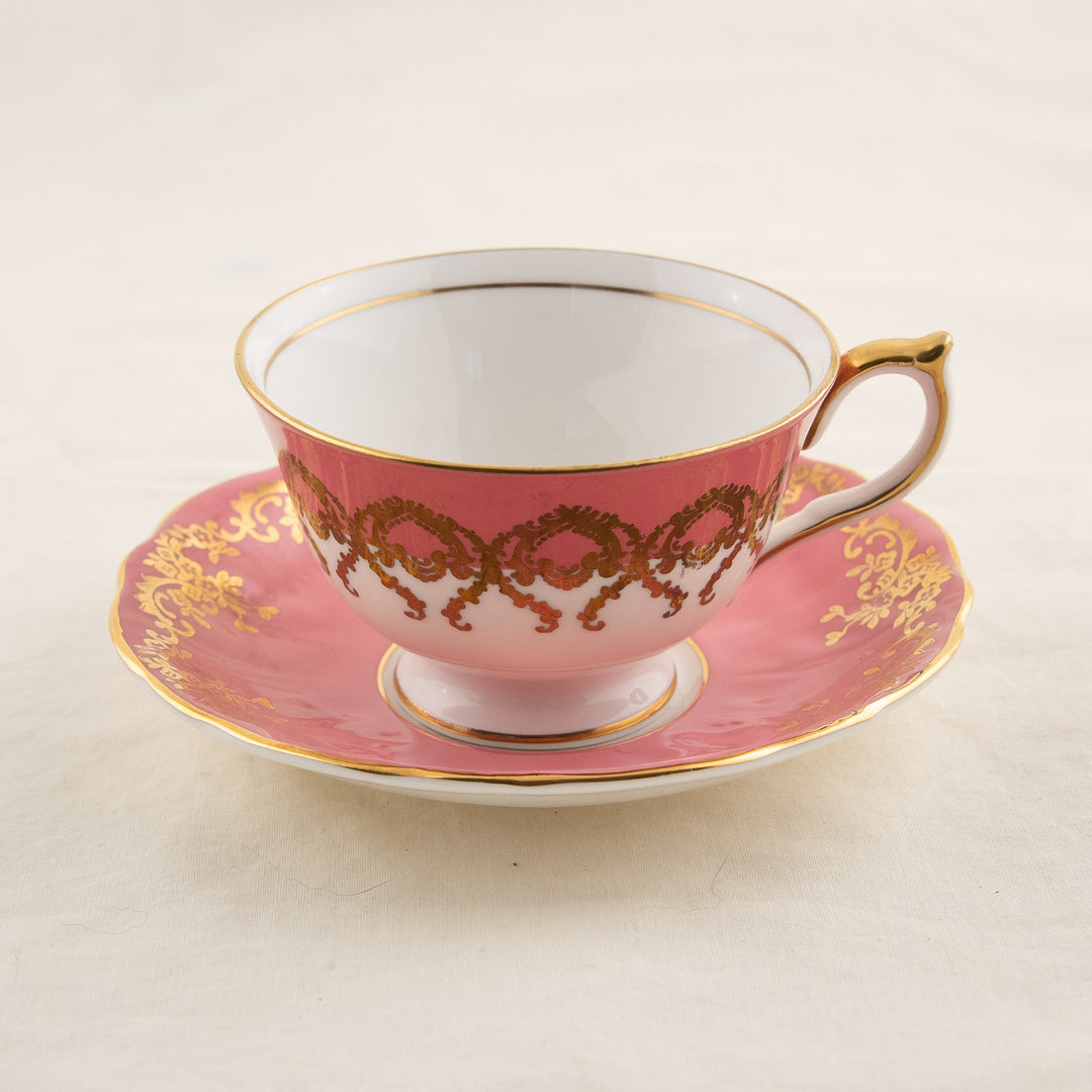 Aynsley top pink and gold leaf tea cup and saucer, English bone china, collectible cabinet vintage tea set, gift for her, lace pink tea set